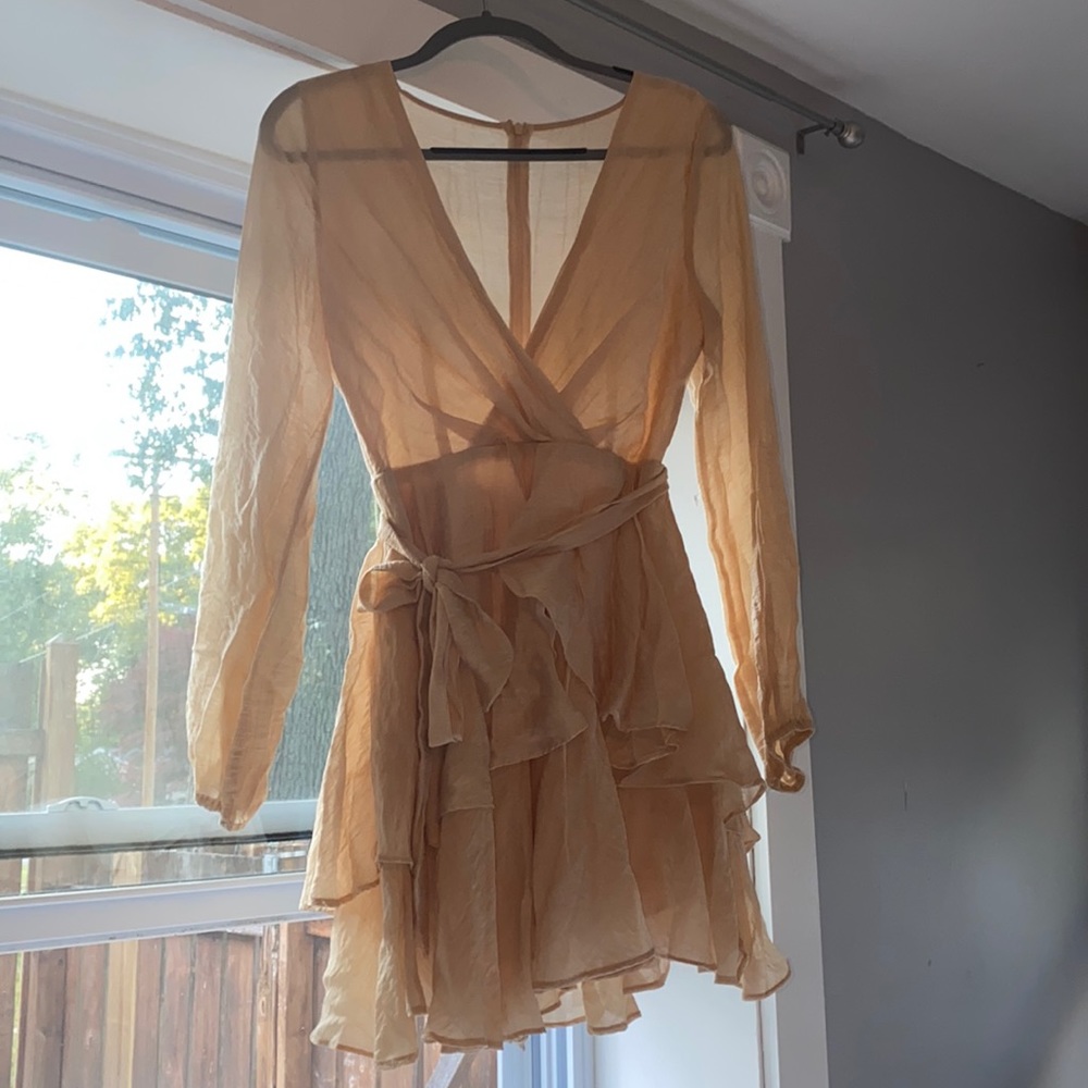 Beige long sleeve tiered mini dress, NWT!